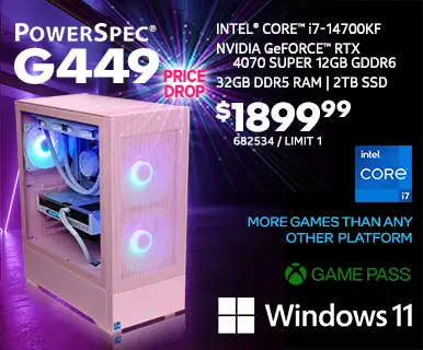PowerSpec G449 Gaming Desktop - PRICE DROP $1899.99 - Intel Core i7-14700KF, NVIDIA GeForce RTX 4070 SUPER 12GB GDDR6, 32GB DDR5 RAM, 2TB SSD, Windows 11; More Games than any other platform, GAME PASS; SKU 682534, Limit 1